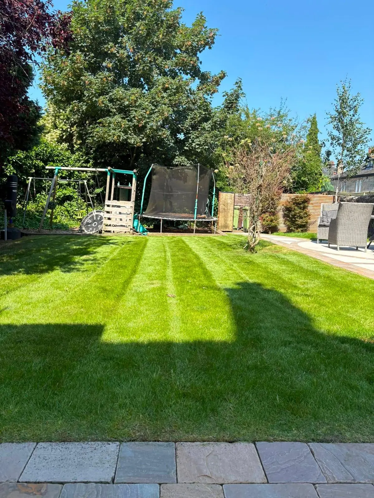 A striped back lawn with a climbing frame and trampoline behind